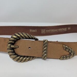 Amsterdam Heritage W35 Brown Leather Belt Brass Buckle Boho Western Vintage